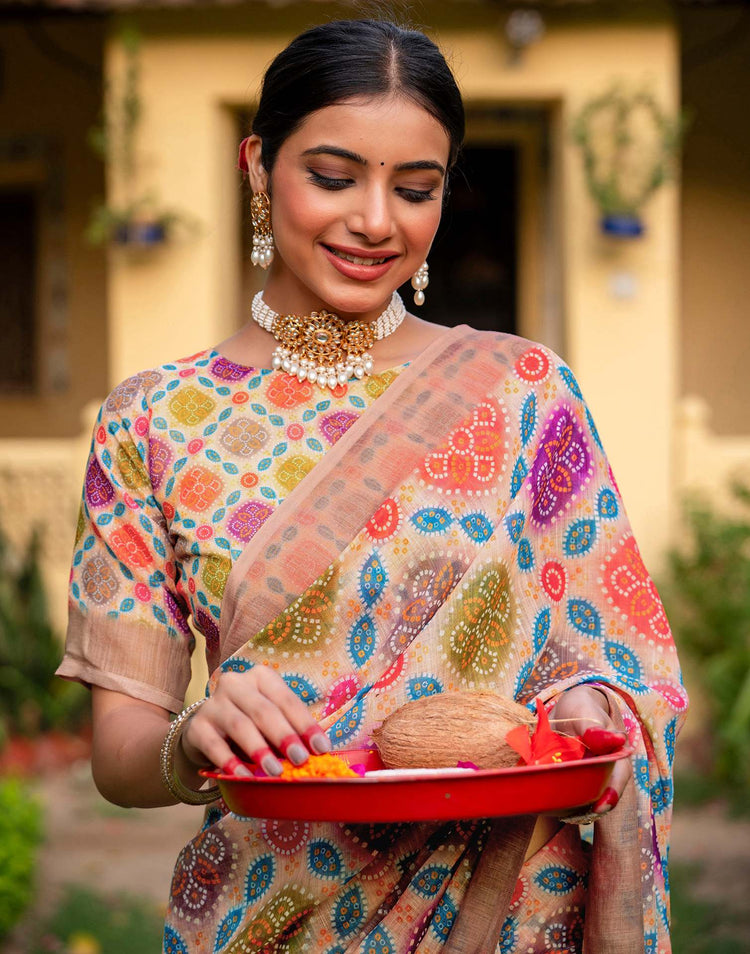 Vat Savitri Special Peach Linen Bandhani Printed Saree
