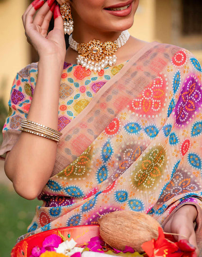 Vat Savitri Special Peach Linen Bandhani Printed Saree