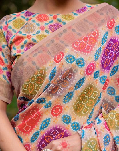 Vat Savitri Special Peach Linen Bandhani Printed Saree