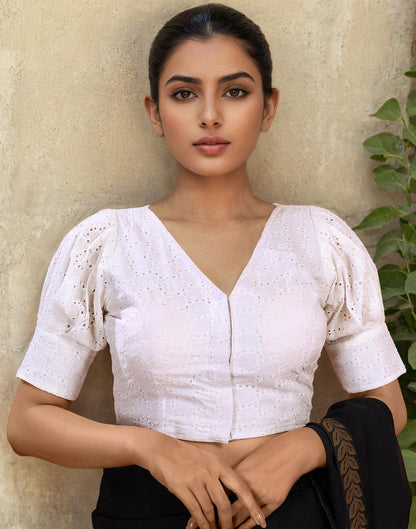 White Cotton Shifali Work Plain Blouse