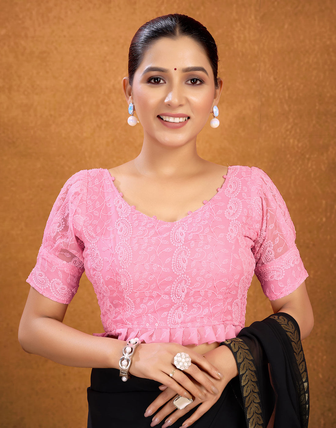 Pink Georgette Plain Chikankari Blouse