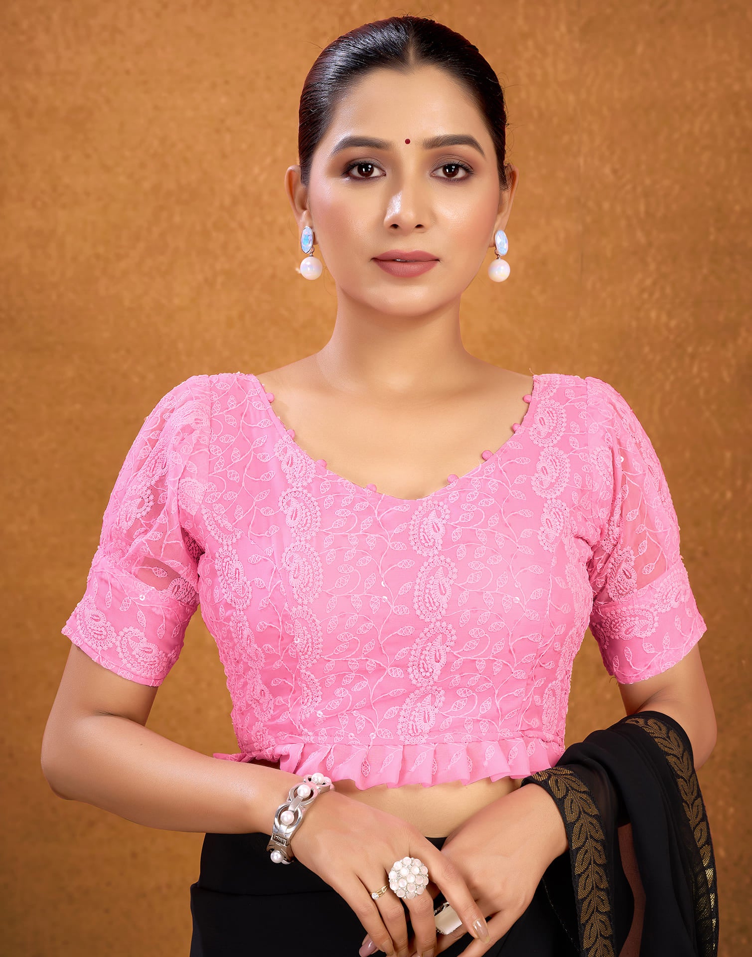 Pink Georgette Plain Chikankari Blouse