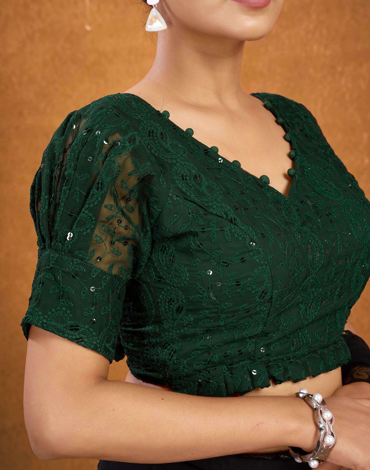 Dark Green Georgette Plain Chikankari Blouse