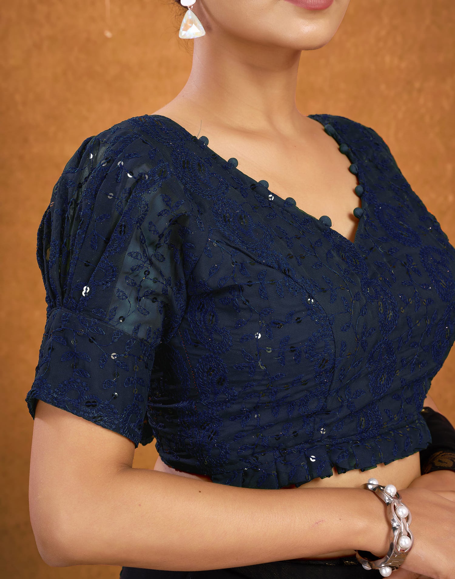 Dark Blue Georgette Plain Chikankari Blouse