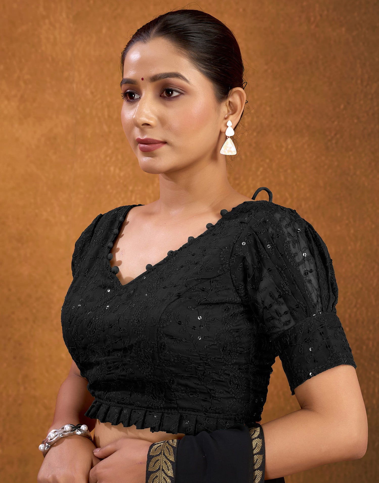 Black Georgette Plain Chikankari Blouse