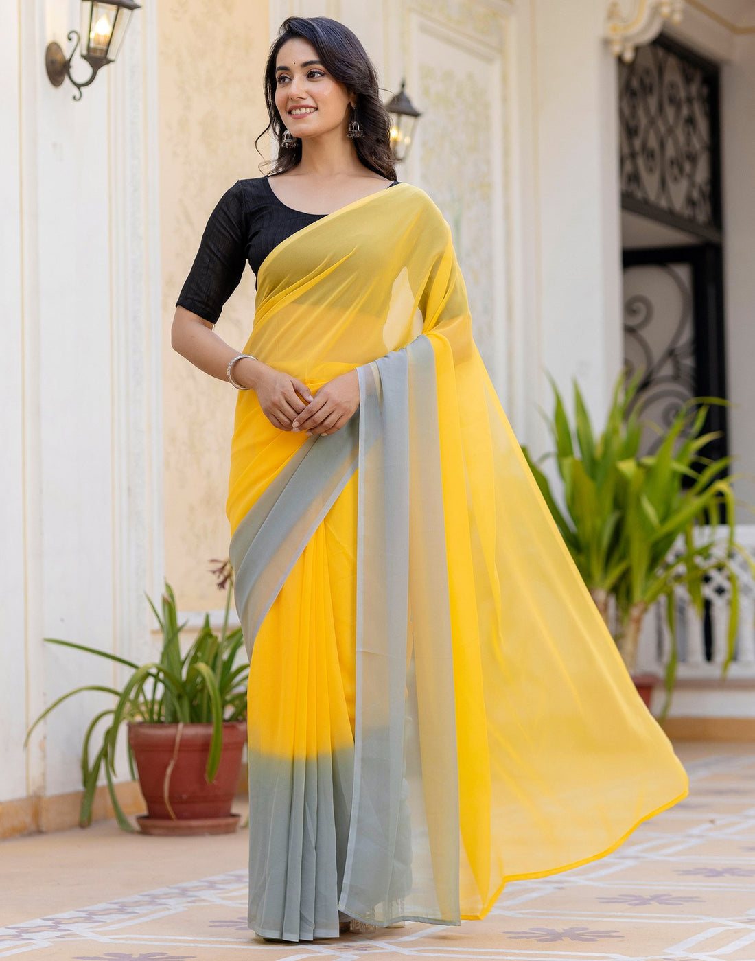 Ready To Wear Yellow Georgette Dyed Plain Saree
