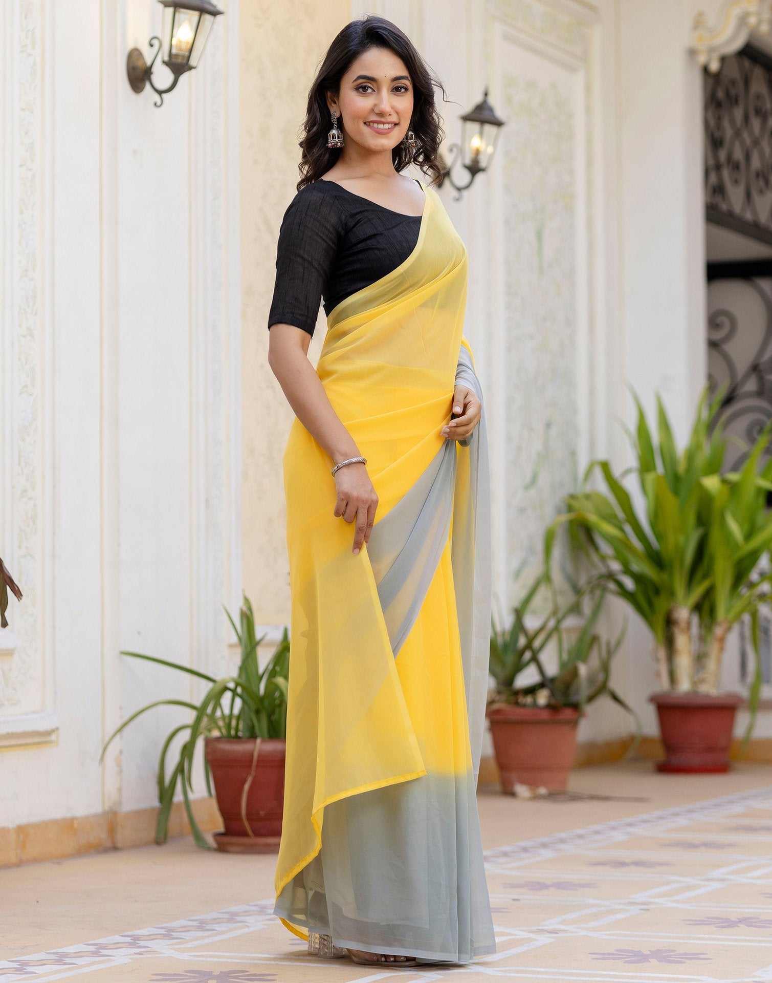 Ready To Wear Yellow Georgette Dyed Plain Saree