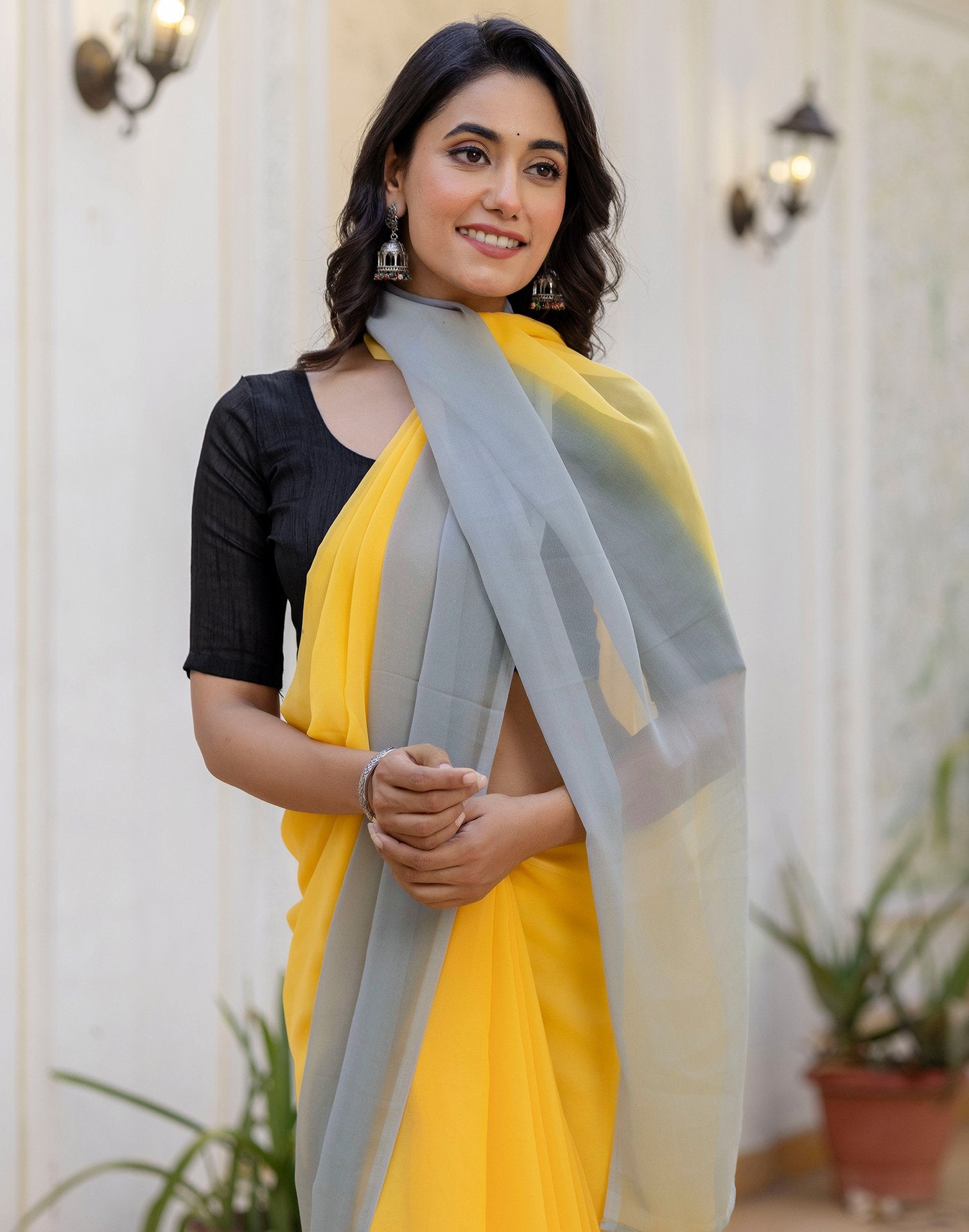 Ready To Wear Yellow Georgette Dyed Plain Saree