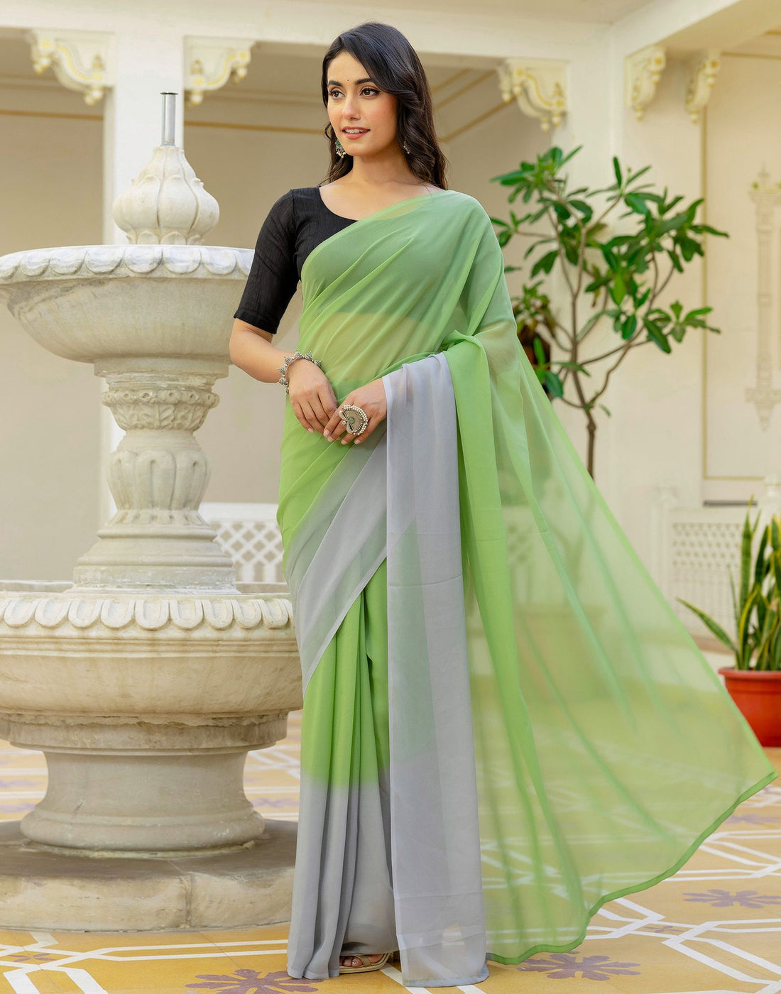 Ready To Wear Light Green Georgette Dyed Plain Saree