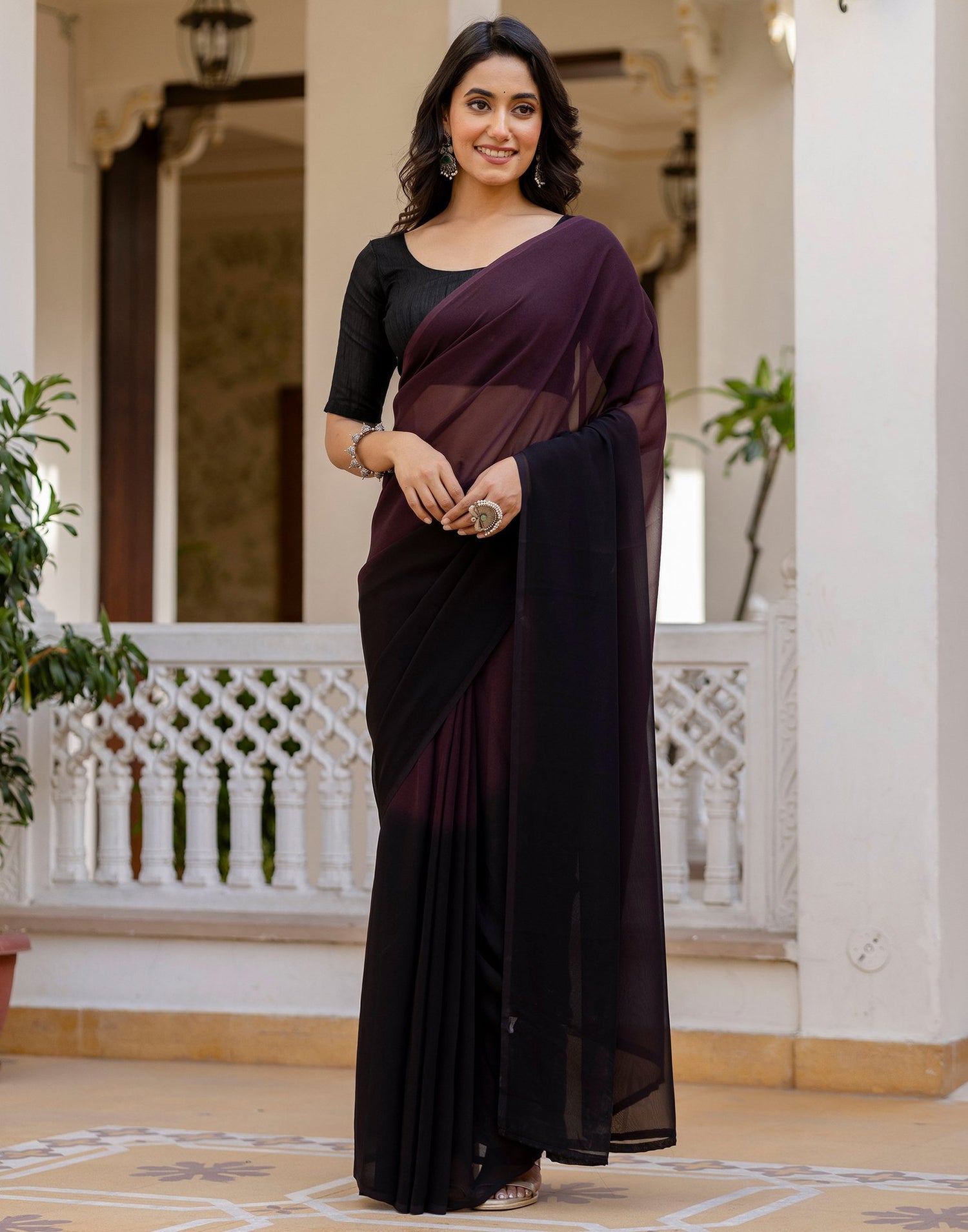 Ready To Wear Dark Wine Georgette Dyed Plain Saree