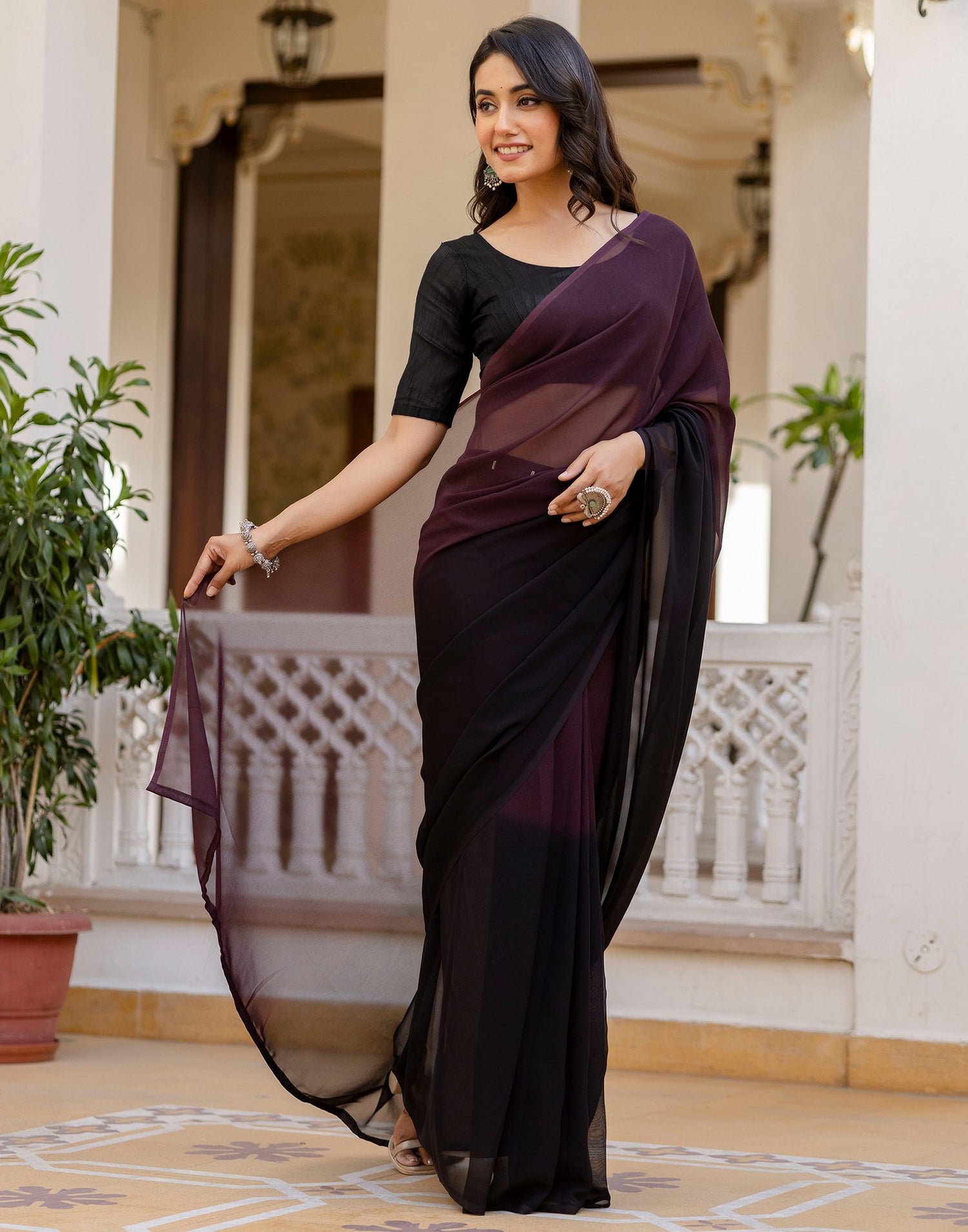 Ready To Wear Dark Wine Georgette Dyed Plain Saree