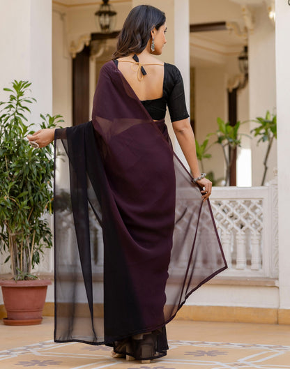 Ready To Wear Dark Wine Georgette Dyed Plain Saree