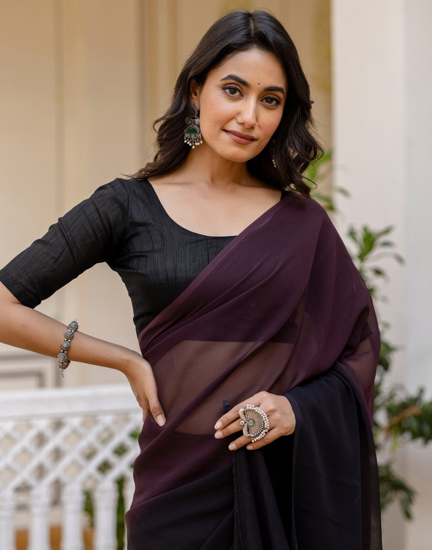 Ready To Wear Dark Wine Georgette Dyed Plain Saree