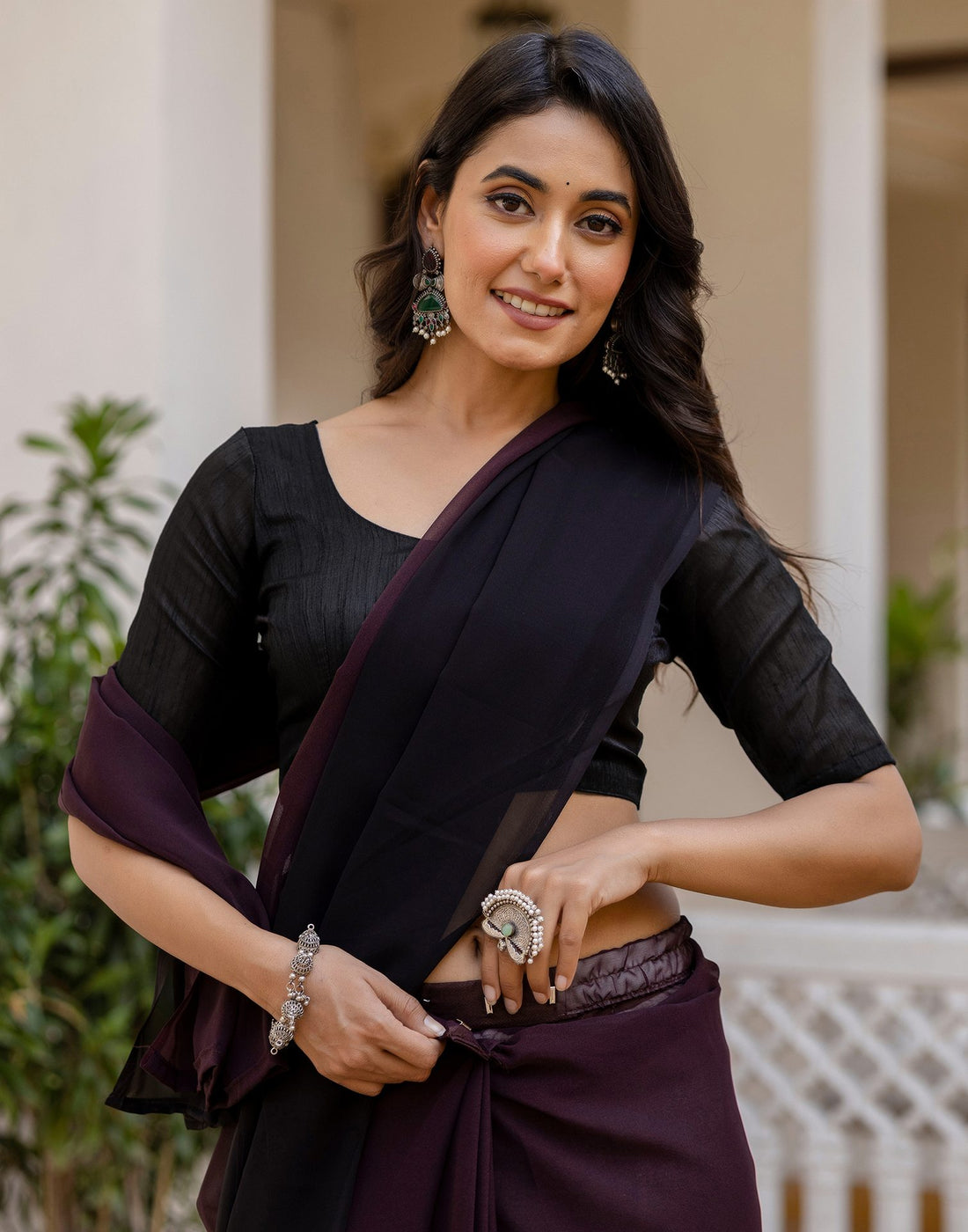 Ready To Wear Dark Wine Georgette Dyed Plain Saree