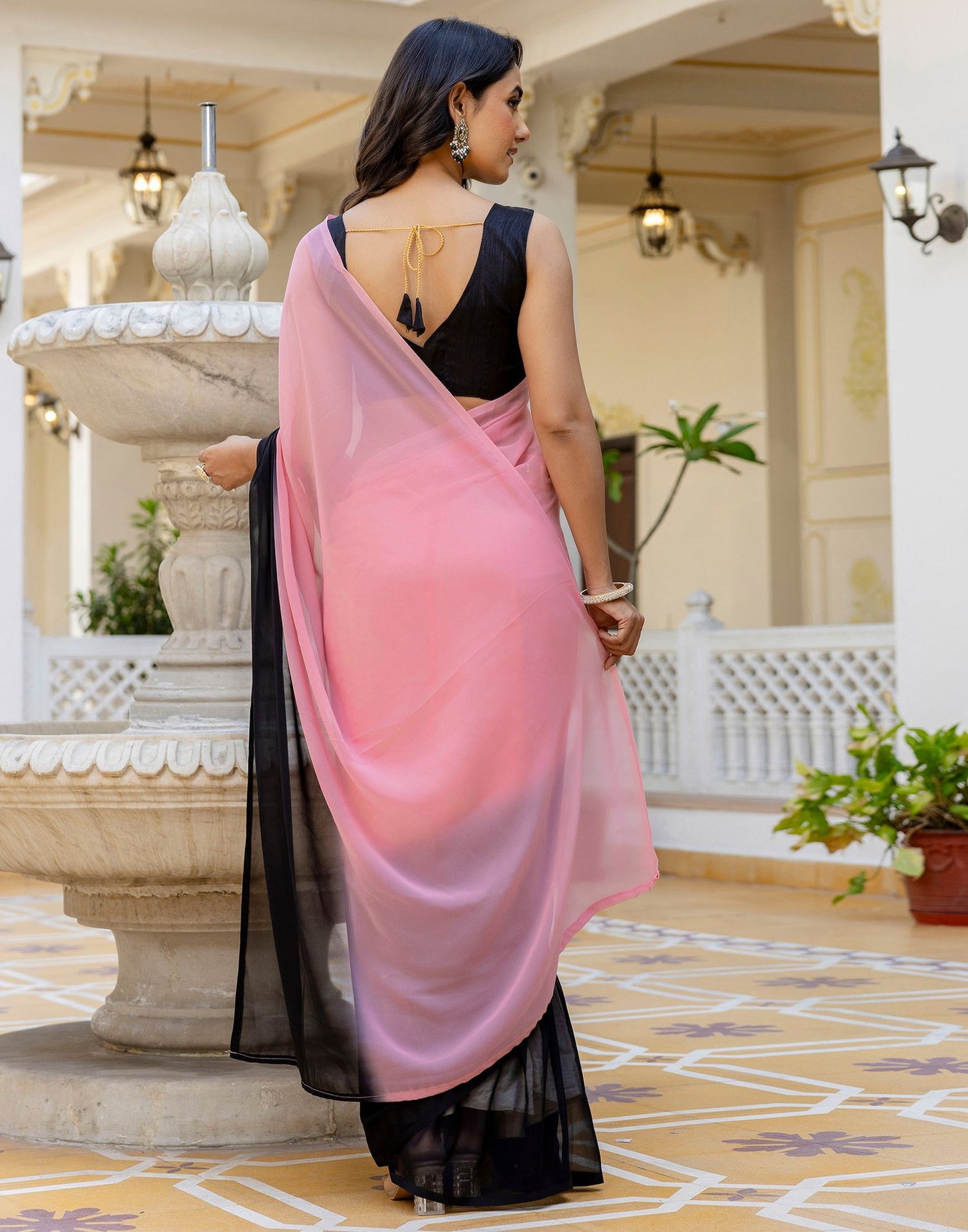 Ready To Wear Baby Pink Georgette Dyed Plain Saree