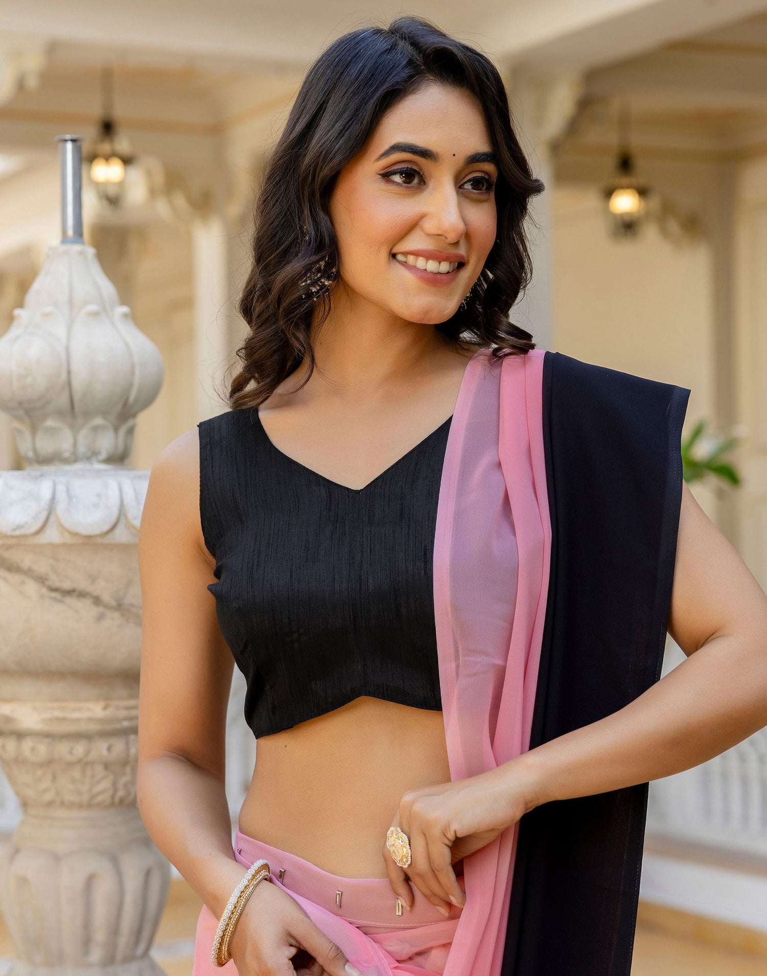 Ready To Wear Baby Pink Georgette Dyed Plain Saree