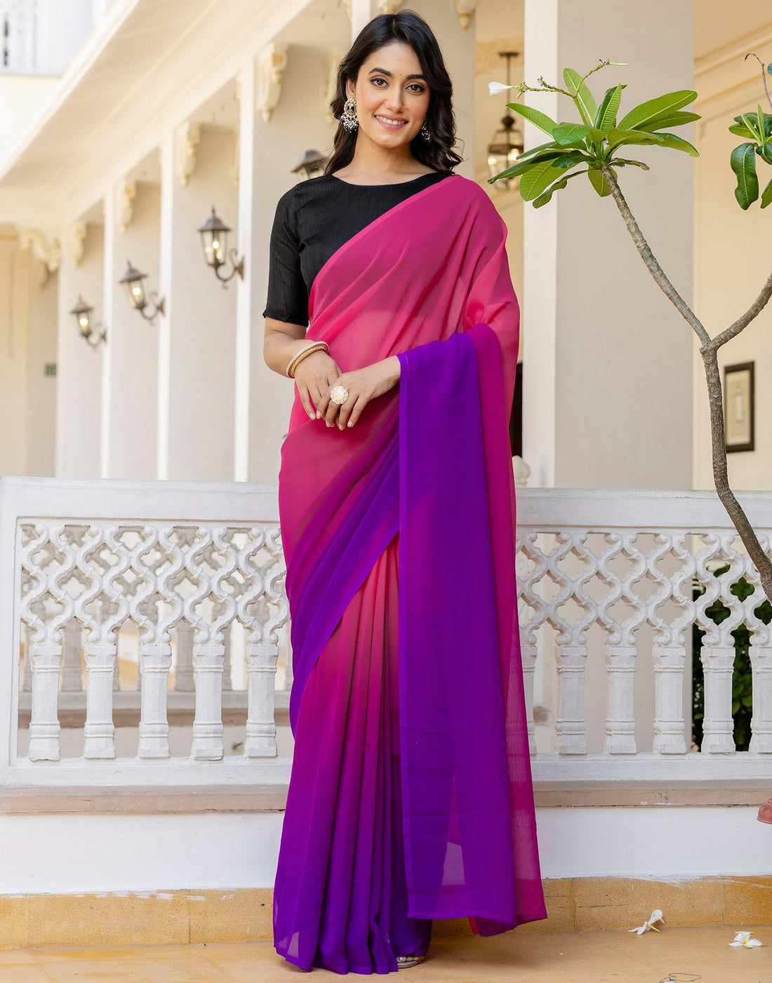 Ready To Wear Rani Pink Georgette Dyed Plain Saree