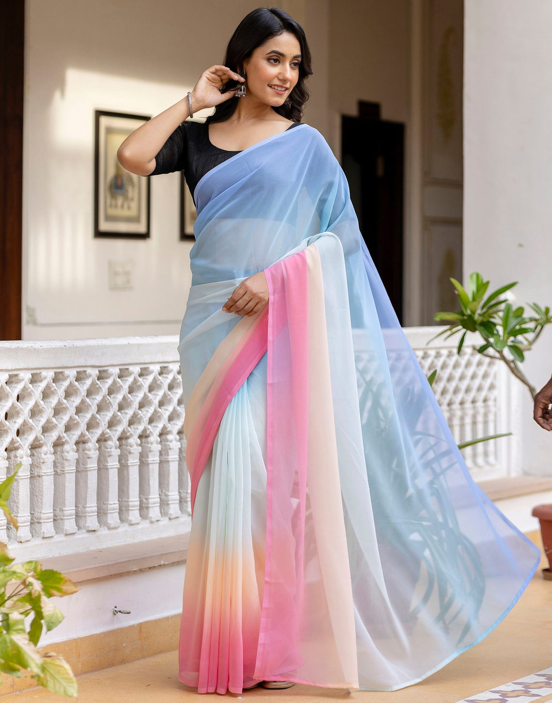 Ready To Wear Sky Blue Georgette Dyed Plain Saree