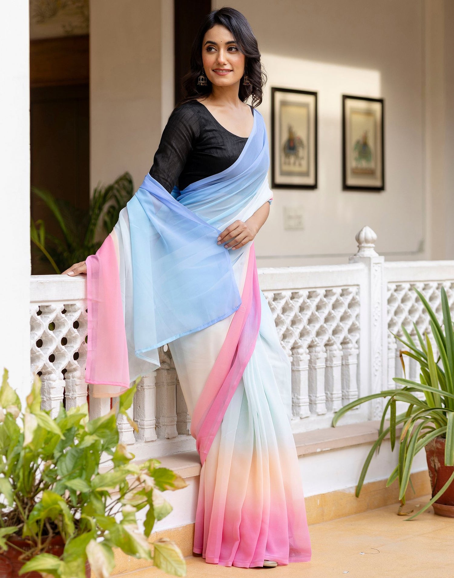 Ready To Wear Sky Blue Georgette Dyed Plain Saree