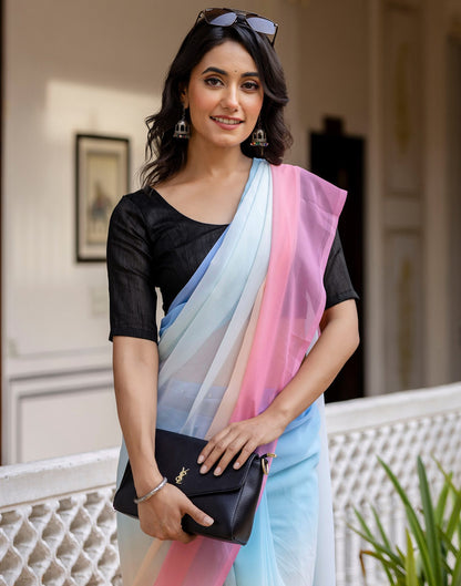 Ready To Wear Sky Blue Georgette Dyed Plain Saree