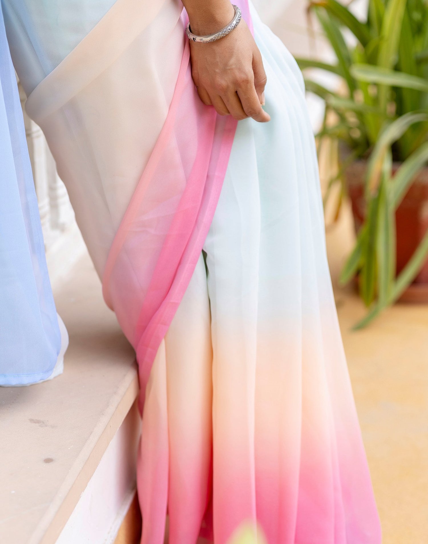 Ready To Wear Sky Blue Georgette Dyed Plain Saree