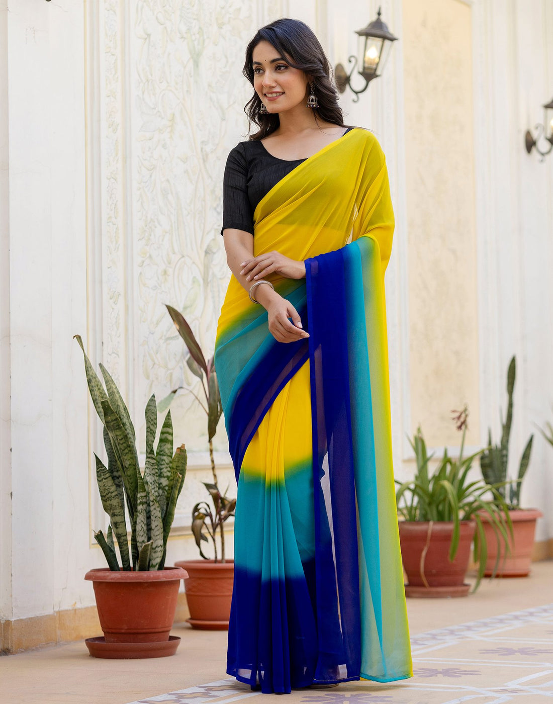 Ready To Wear Yellow Georgette Dyed Plain Saree