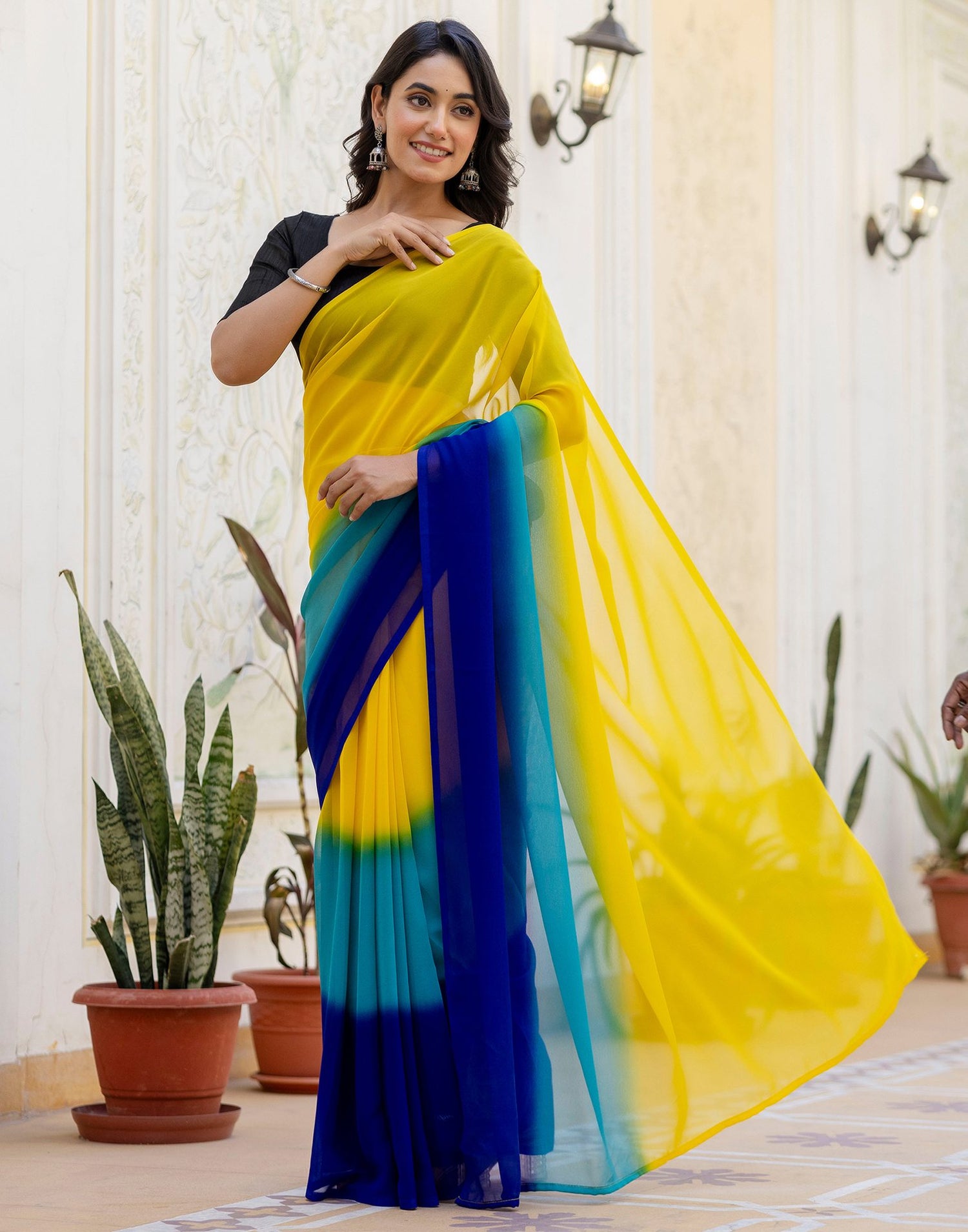 Ready To Wear Yellow Georgette Dyed Plain Saree