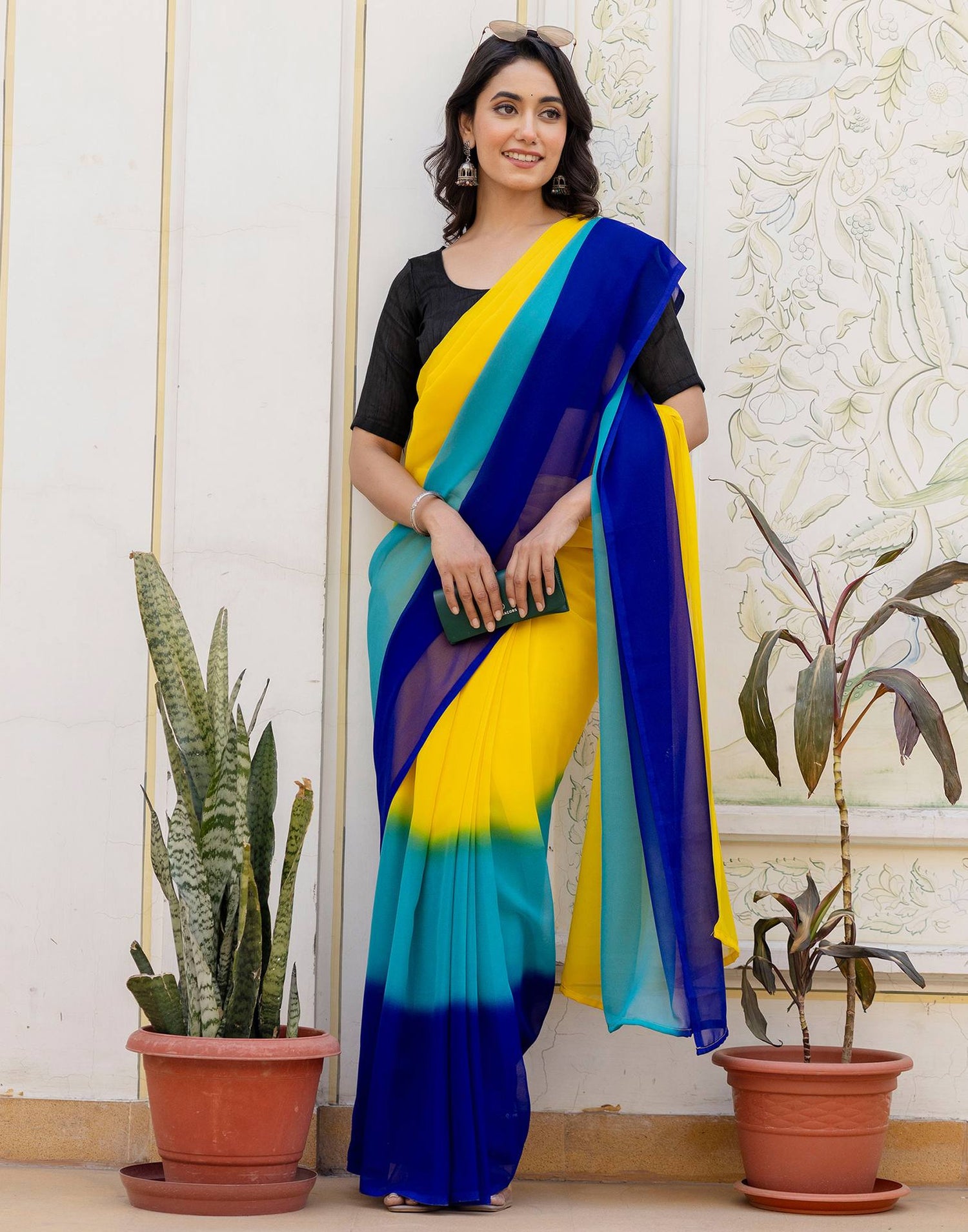 Ready To Wear Yellow Georgette Dyed Plain Saree
