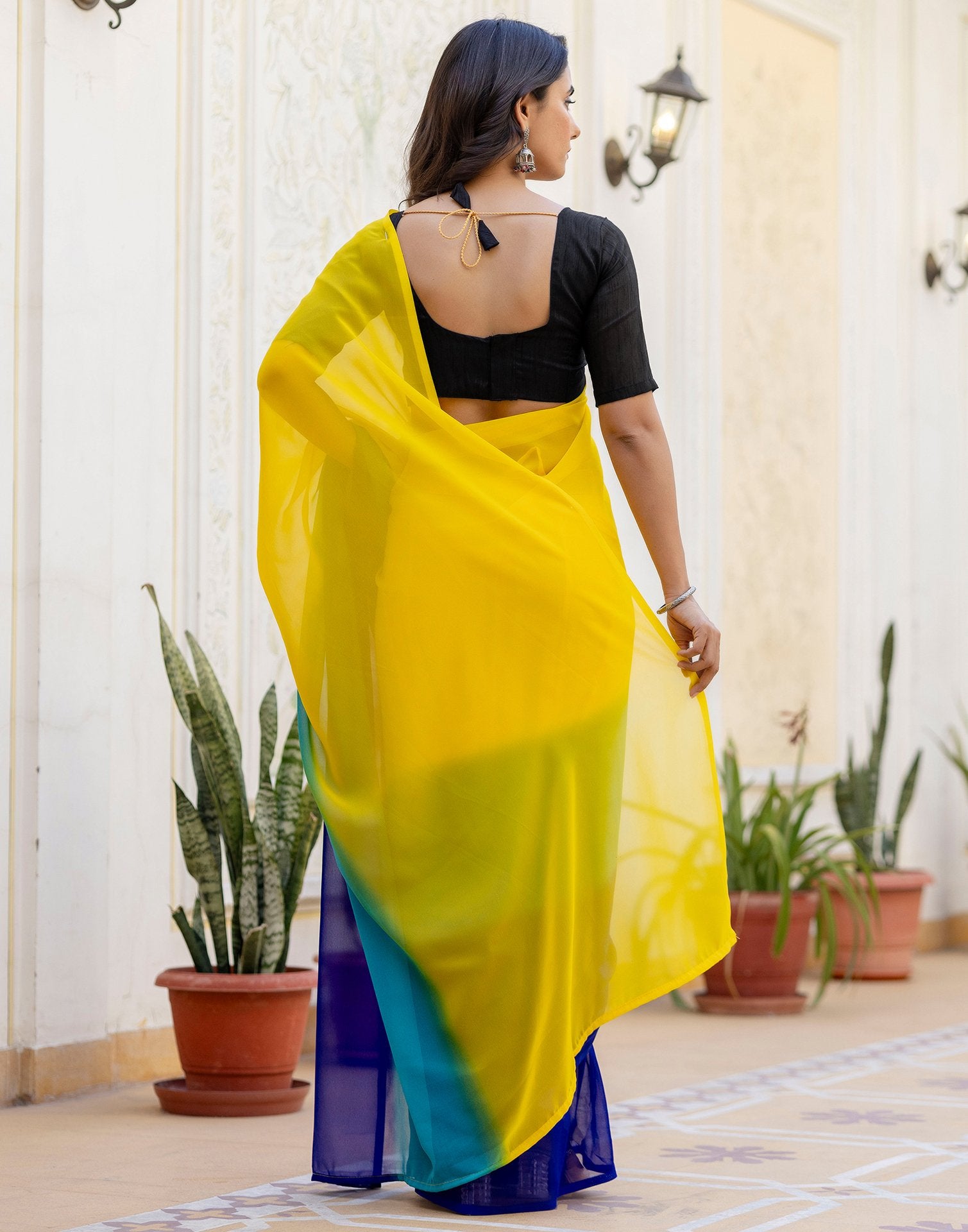 Ready To Wear Yellow Georgette Dyed Plain Saree