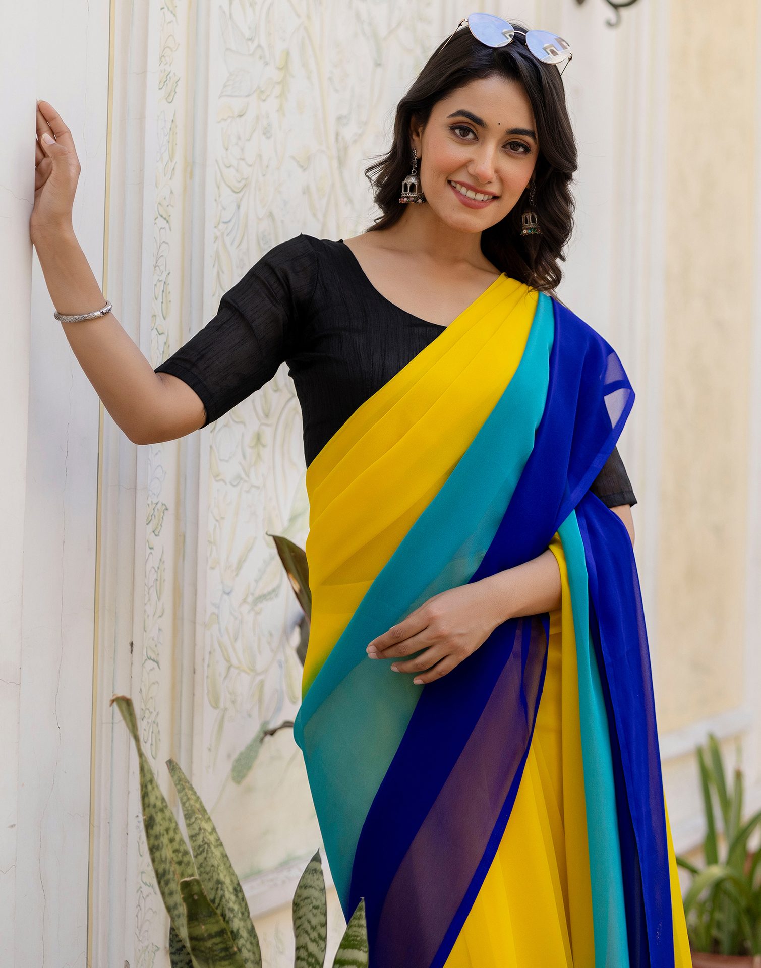 Ready To Wear Yellow Georgette Dyed Plain Saree