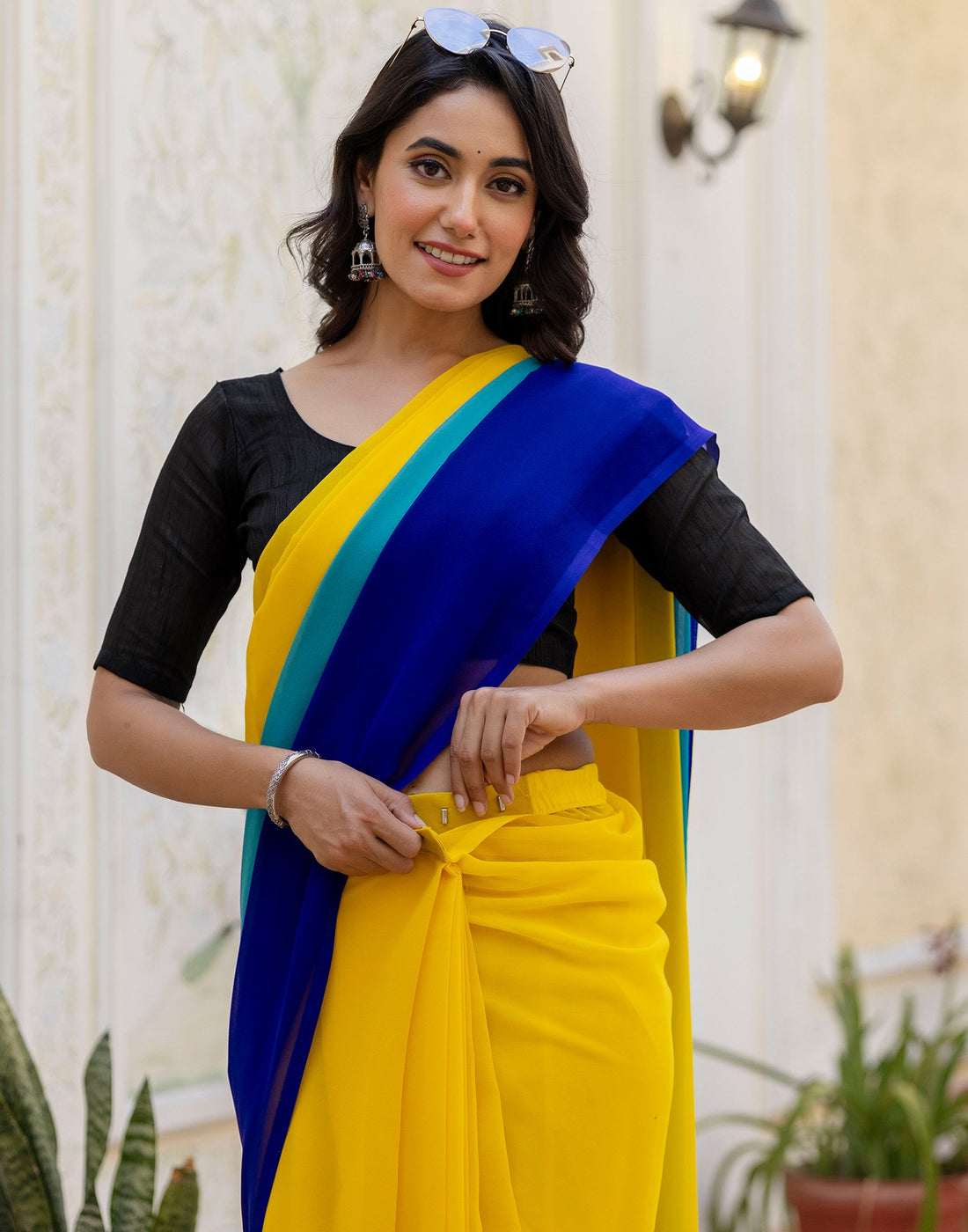 Ready To Wear Yellow Georgette Dyed Plain Saree