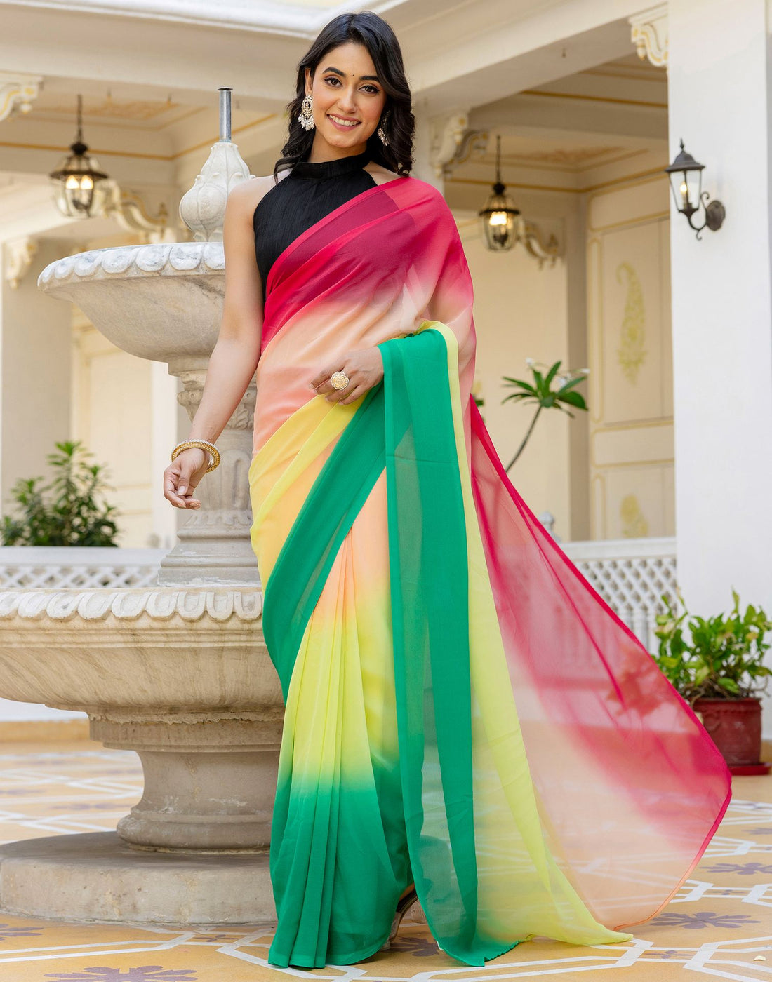 Ready To Wear Multicoloured Georgette Dyed Plain Saree