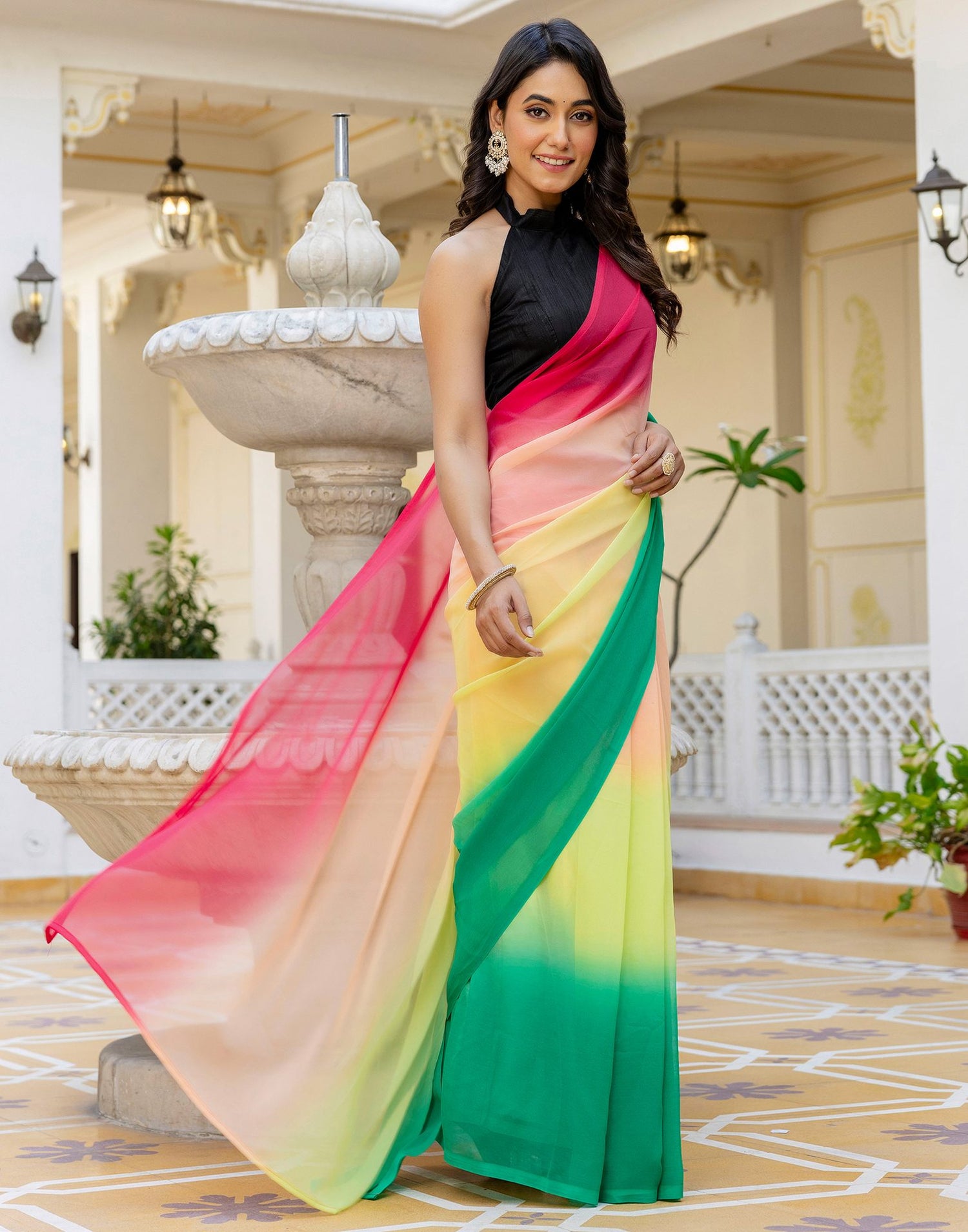 Ready To Wear Multicoloured Georgette Dyed Plain Saree