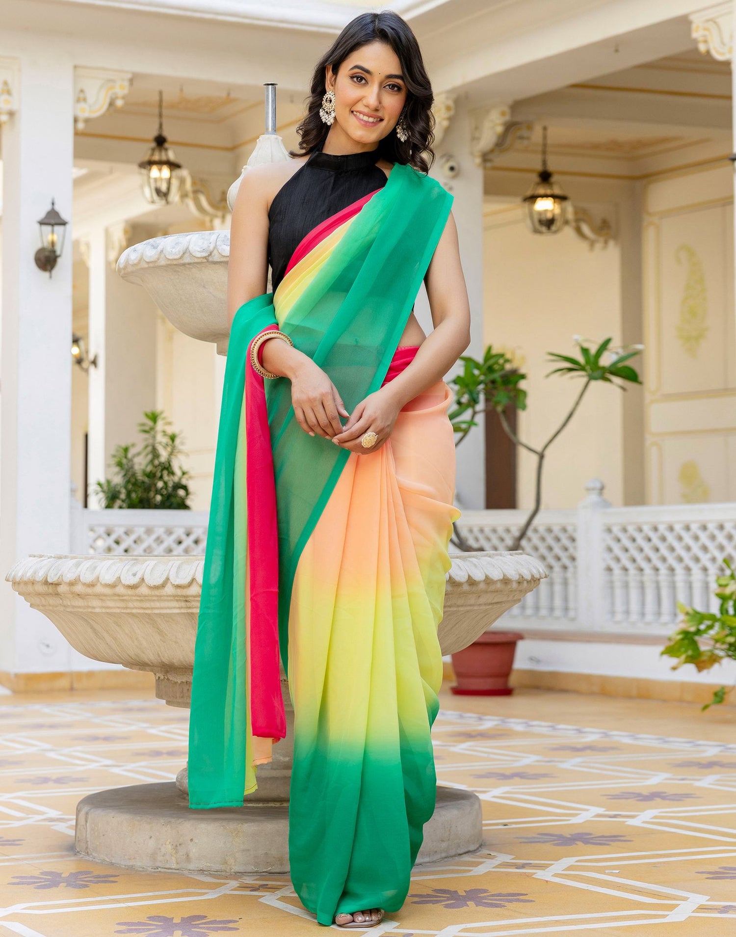 Ready To Wear Multicoloured Georgette Dyed Plain Saree