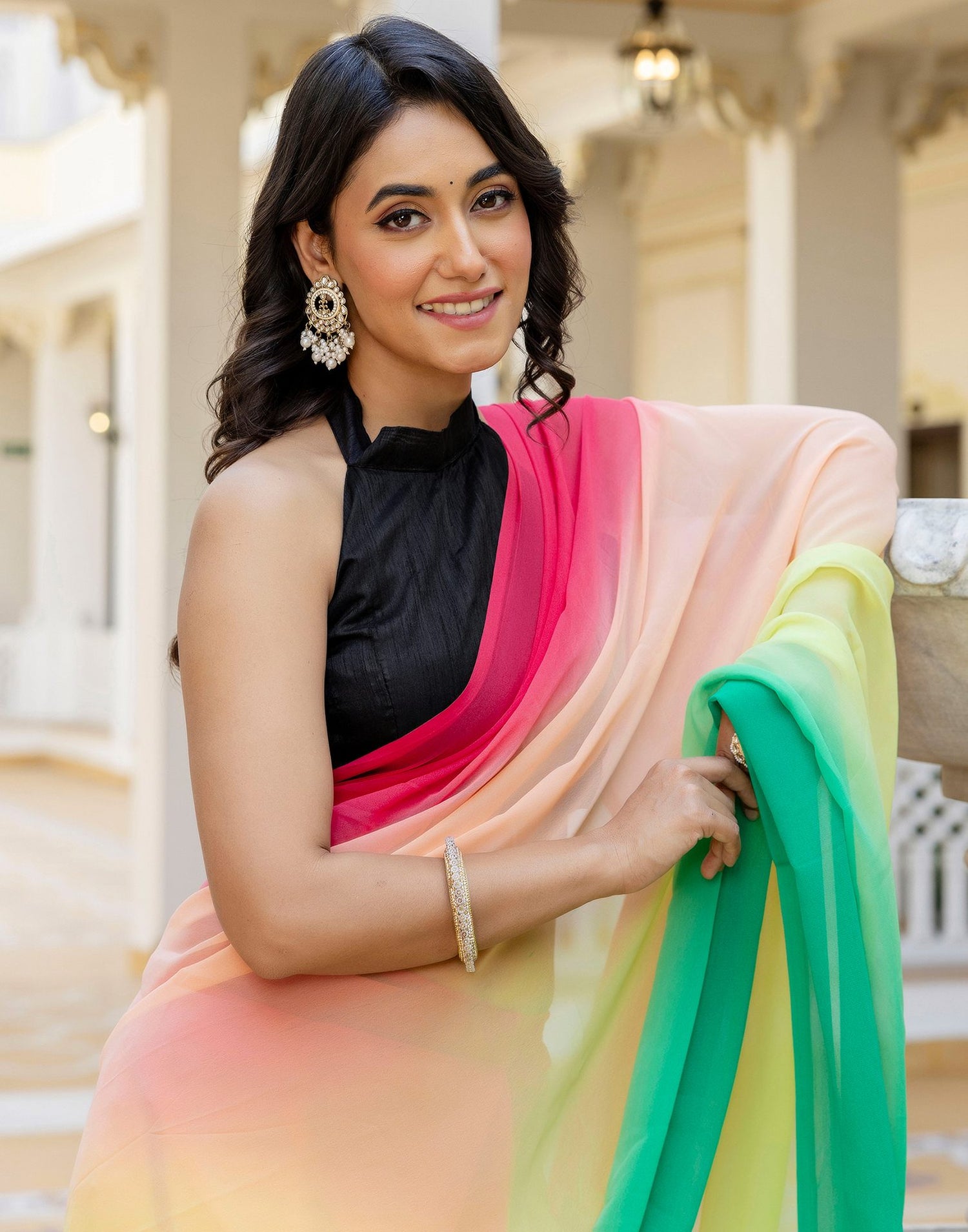 Ready To Wear Multicoloured Georgette Dyed Plain Saree