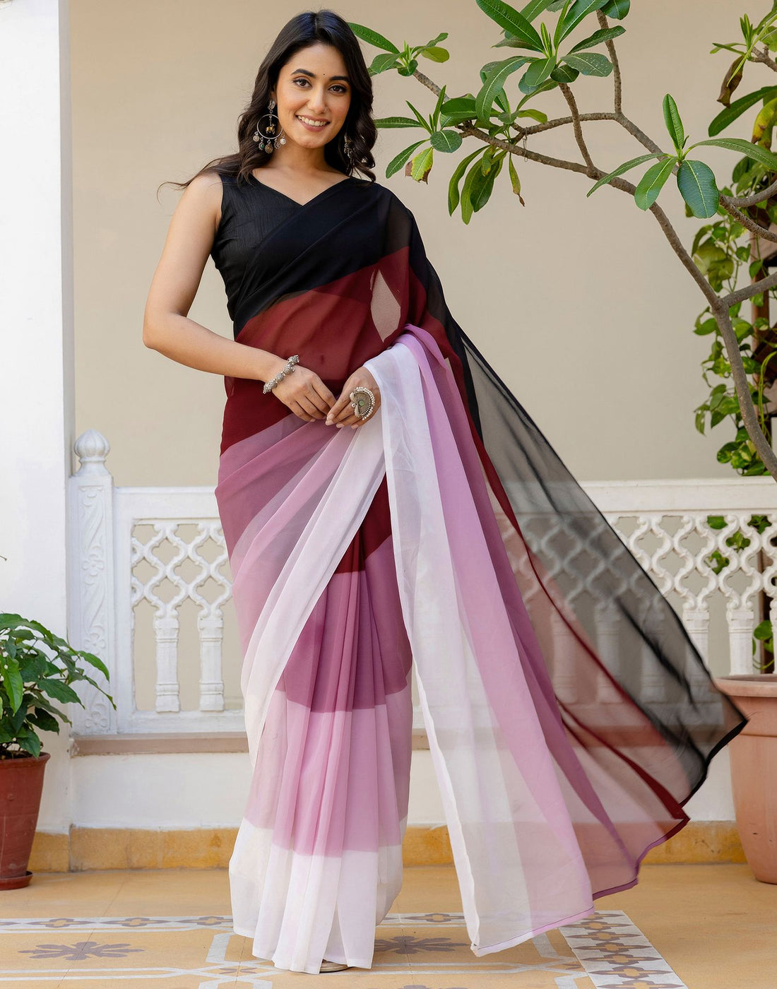 Ready To Wear White Georgette Dyed Plain Saree