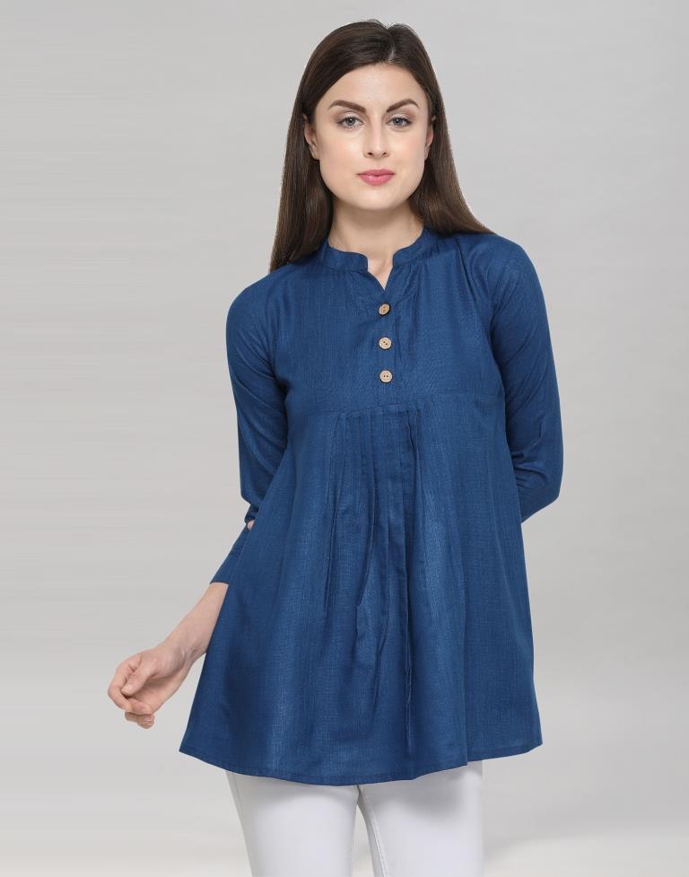 Navy Blue Coloured Poly Cotton Plain Casual Top | Sudathi