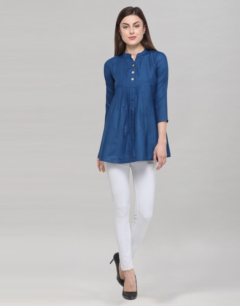 Navy Blue Coloured Poly Cotton Plain Casual Top | Sudathi