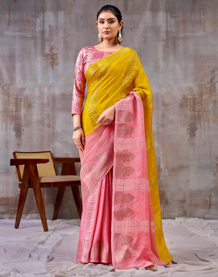 Yellow Chinnon Chiffon Woven Saree