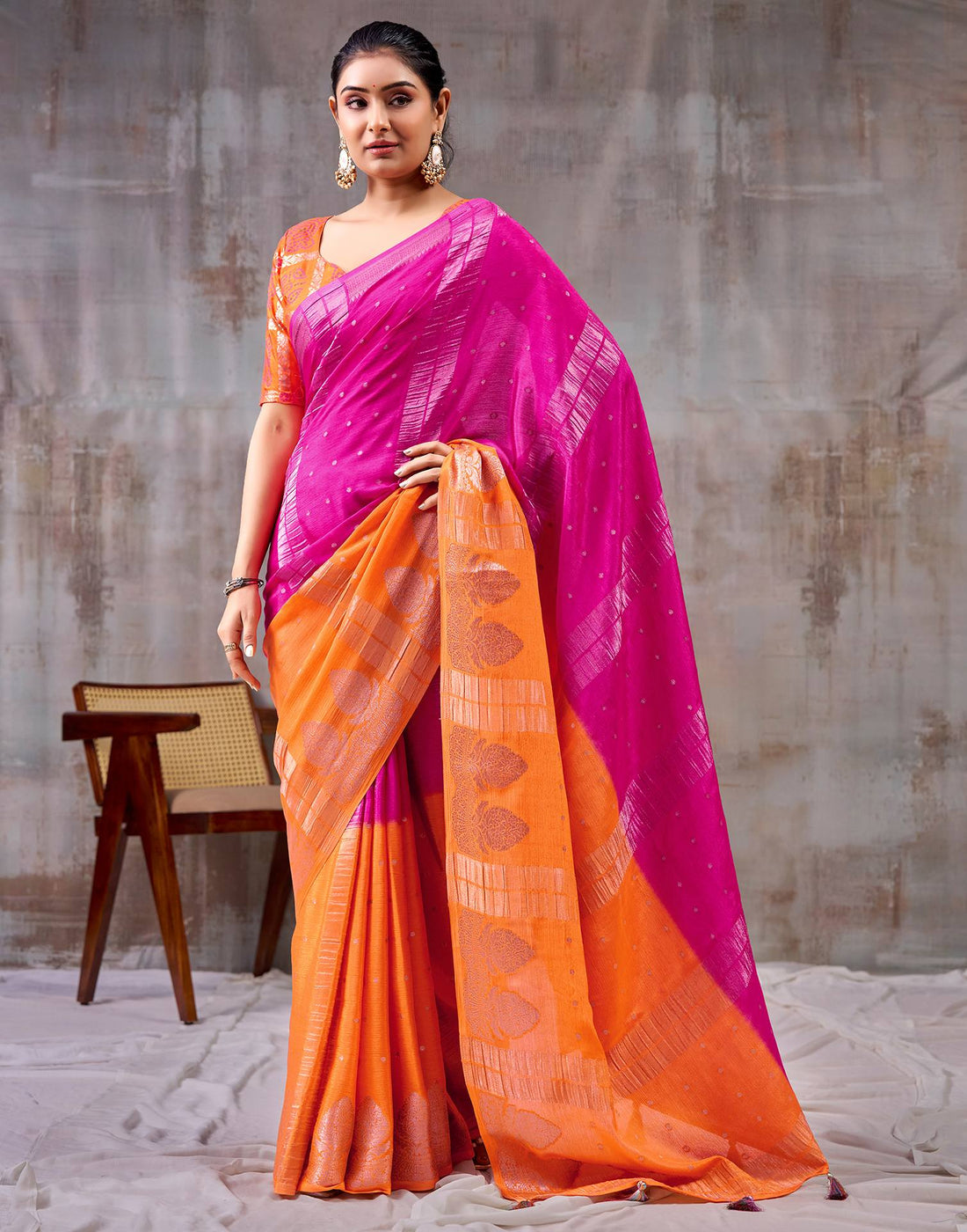 Dark Pink Chinnon Chiffon Woven Saree