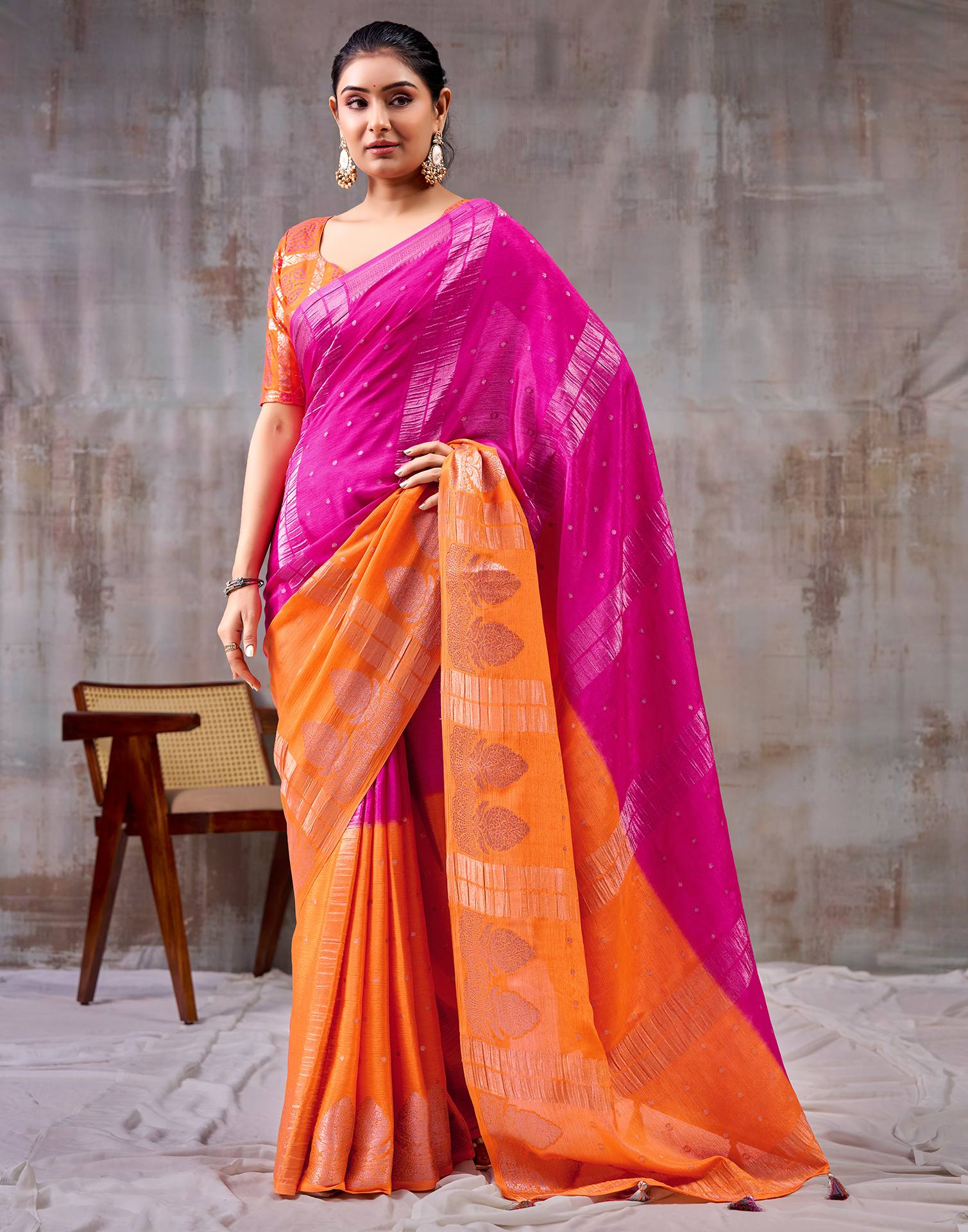 Dark Pink Chinnon Chiffon Woven Saree