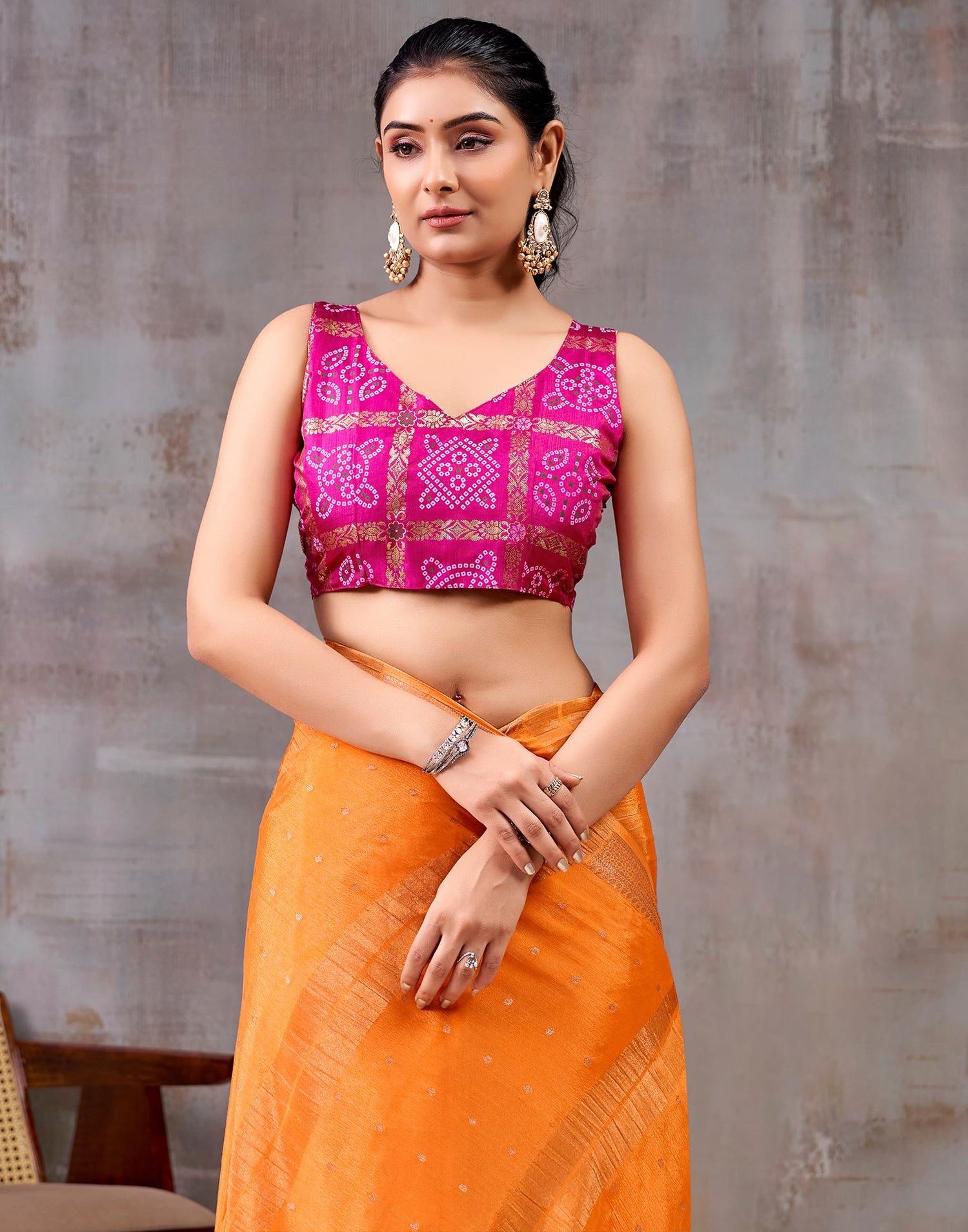 Orange Chinnon Chiffon Woven Saree