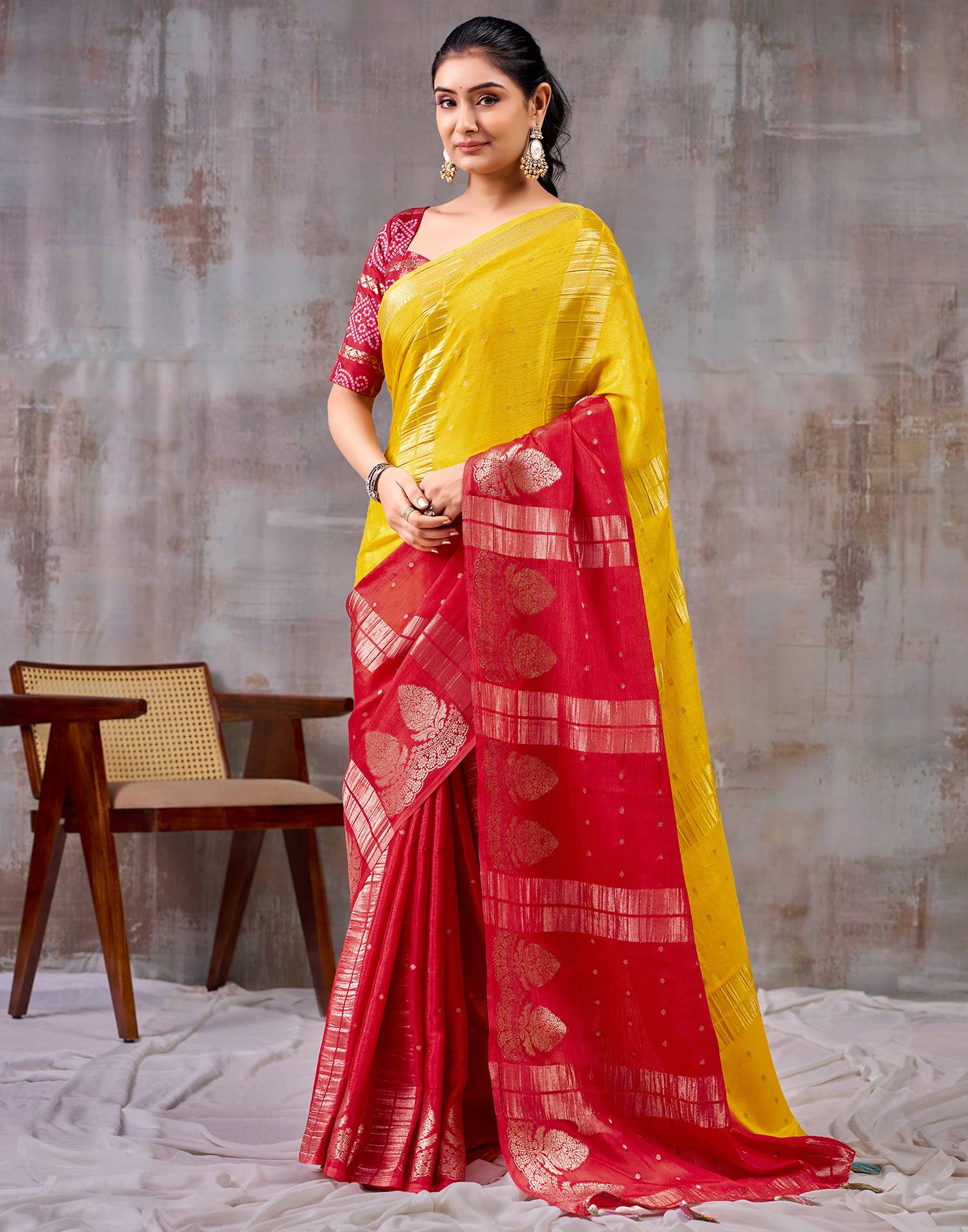 Yellow Chinnon Chiffon Woven Saree