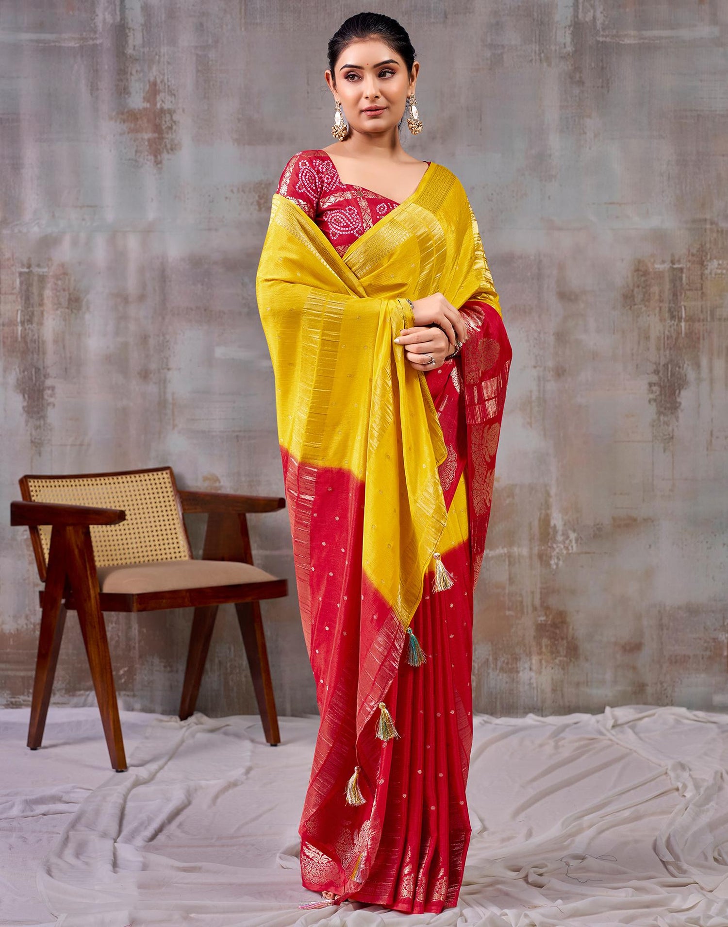 Yellow Chinnon Chiffon Woven Saree