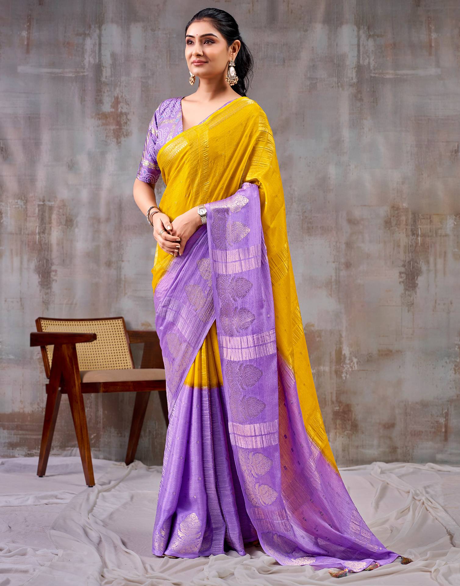 Yellow Chinnon Chiffon Woven Saree