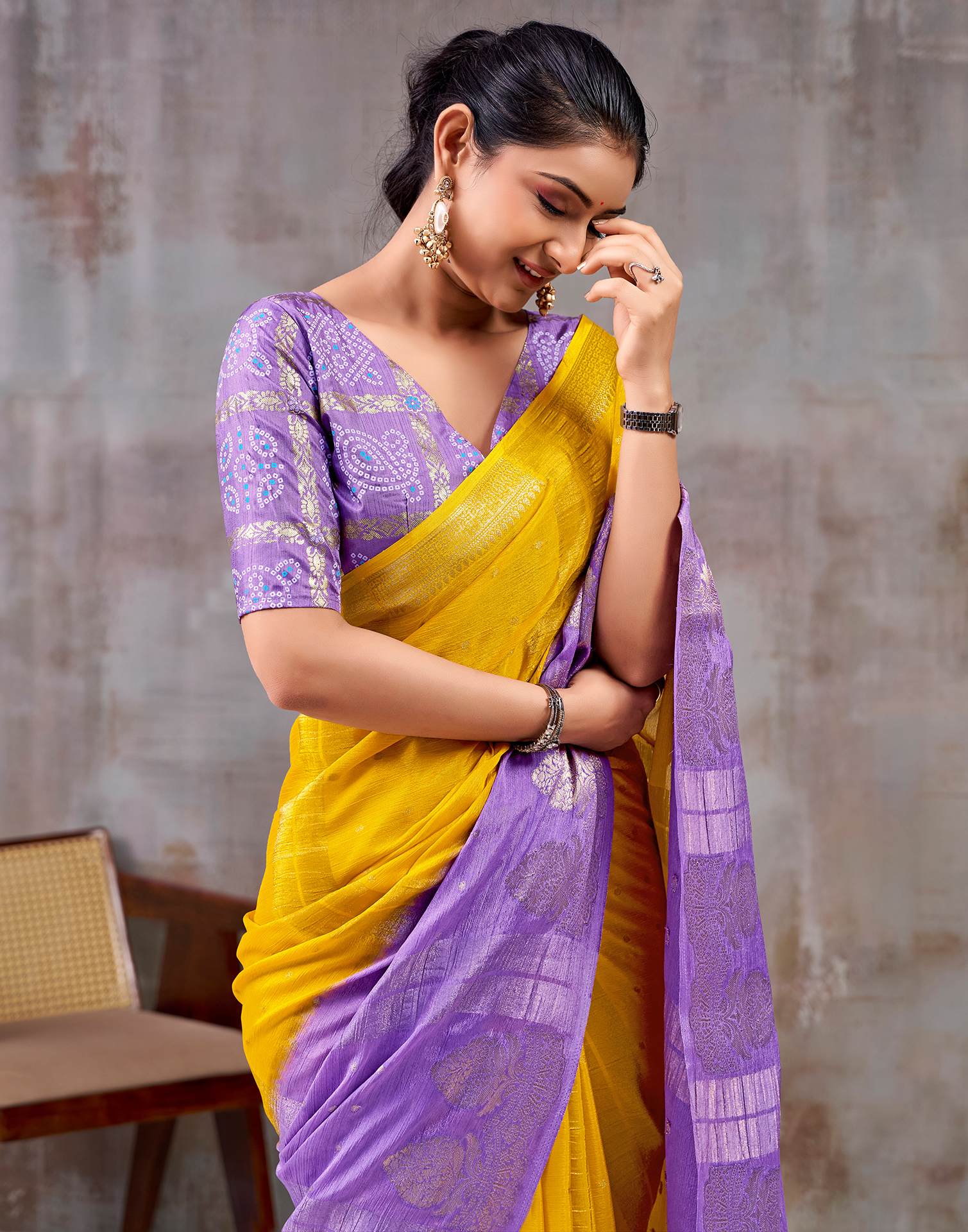 Yellow Chinnon Chiffon Woven Saree