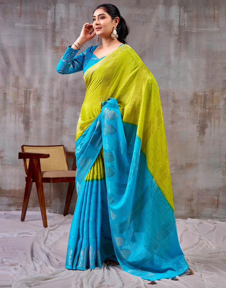 Lime Green Chinnon Chiffon Woven Saree