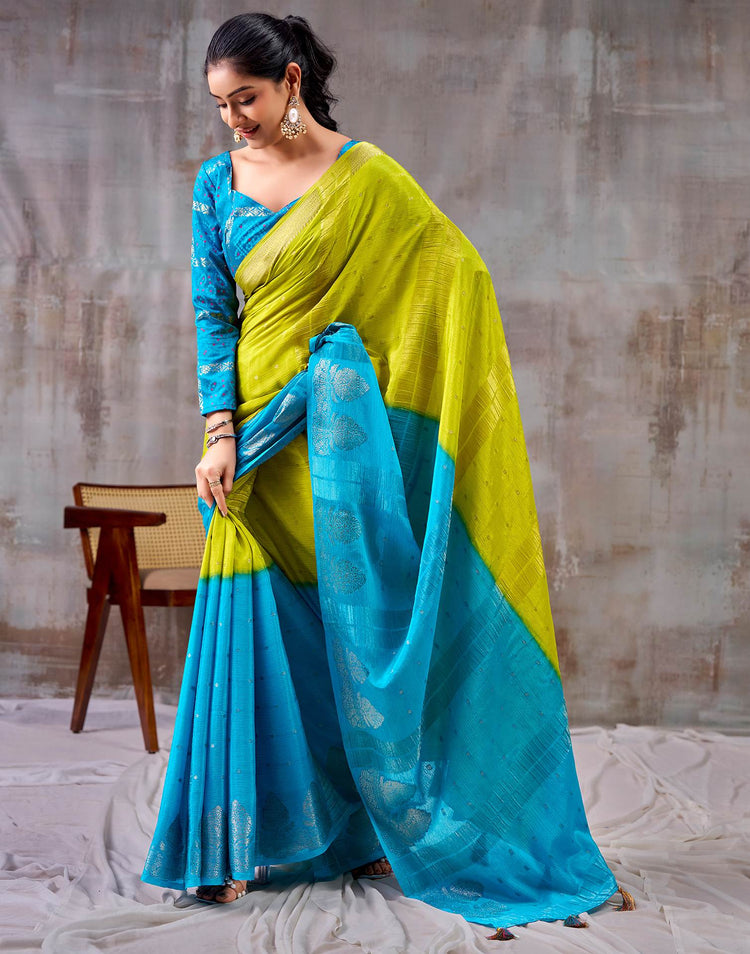 Lime Green Chinnon Chiffon Woven Saree