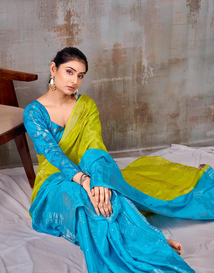 Lime Green Chinnon Chiffon Woven Saree