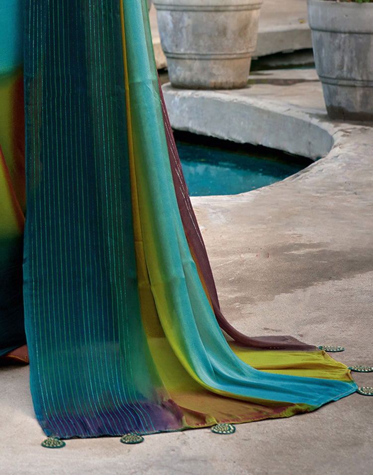 Multicoloured Chiffon Ombre Zari Stripe Saree